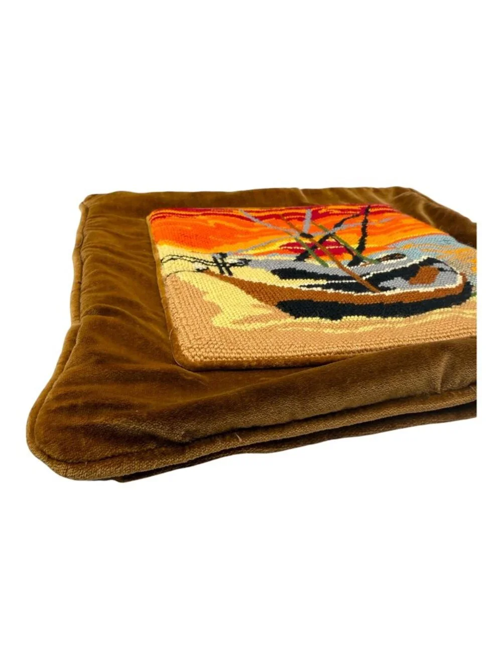 Vintage Needlepoint Pillow Cover Sunset Boats MCM Brown Velveteen Zippered 14.5